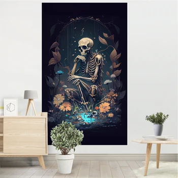 Забавный мультяшный скелет, гобелен, украшение для темной комнаты в богемном стиле, настенное украшение для темной комнаты