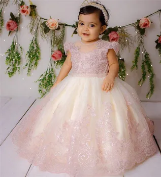 Милое Розовое кружевное платье с цветочным узором для девочки, тюлевое платье для дня рождения, детская одежда для свадьбы, Дня рождения, платье с коротким рукавом