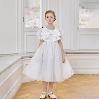 Платье для девочки в цветочек, белое атласное платье с V-образным вырезом, украшенное бантом, Свадебное Элегантное платье для церемонии Первой Евхаристии Маленького ребенка в цветочек