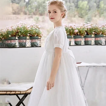 Платье для девочки в цветочек, белое атласное платье с V-образным вырезом, украшенное бантом, Свадебное Элегантное платье для церемонии Первой Евхаристии Маленького ребенка в цветочек 1