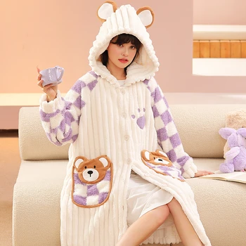 Женский ночной халат с милым медведем, пижама, зимняя толстая ночная рубашка с капюшоном, пижамы, Мягкая теплая ночная рубашка с карманами, женская пижама