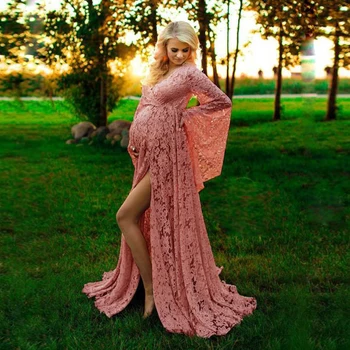 2024 Новое розово-красное платье для беременных для фотосессии, Макси, кружевное платье для беременных с длинным рукавом, Необычное Сексуальное Женское платье для беременных
