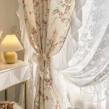 Идиллическая Французская ткань для штор с волнистыми цветами для гостиной, Корейские элегантные Льняные шторы с оборками на основе основы для кухни # A528 4