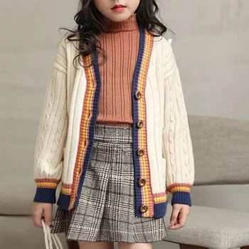 Осенне-зимний модный кардиган в стиле пэчворк для девочек с длинным рукавом, повседневные универсальные детские топы, трендовая детская одежда, свитера 1