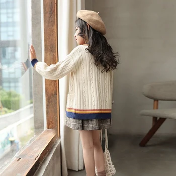 Осенне-зимний модный кардиган в стиле пэчворк для девочек с длинным рукавом, повседневные универсальные детские топы, трендовая детская одежда, свитера 2