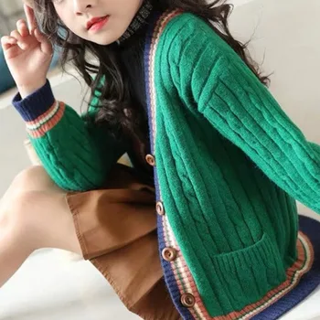 Осенне-зимний модный кардиган в стиле пэчворк для девочек с длинным рукавом, повседневные универсальные детские топы, трендовая детская одежда, свитера 3