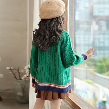 Осенне-зимний модный кардиган в стиле пэчворк для девочек с длинным рукавом, повседневные универсальные детские топы, трендовая детская одежда, свитера 4