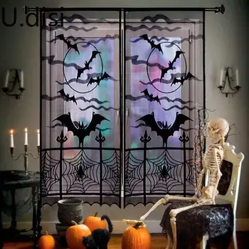Шторы на Хэллоуин, паутина, летучие мыши, Черная кружевная дверная занавеска, панель для декора окон на Хэллоуин, 40 x 84 дюйма