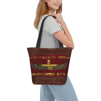 Изготовленная на заказ холщовая хозяйственная сумка с золотыми египетскими иероглифами, женские портативные сумки для покупок в стиле этнического искусства Древнего Египта 5
