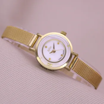 JULIUS Mini Золотые женские часы Японский кварц Женские маленькие часы Изящный модный корпус Браслет из нержавеющей стали Подарочная коробка для девочек