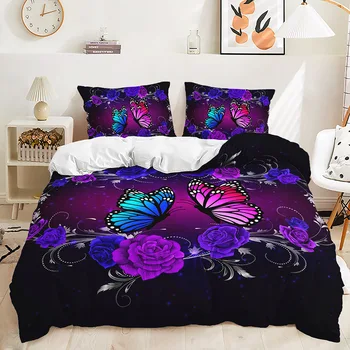 Комплекты постельного белья Purple Butterfly Rose, Модные комплекты пододеяльников, Наволочки Twin Full Queen King Size для детей, Подарочное постельное белье для взрослых