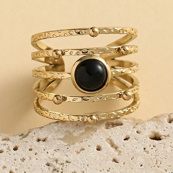 Винтажное кольцо из нержавеющей стали с натуральным камнем для женщин, Модное Многослойное Регулируемое Открытое кольцо, Позолоченное Украшение для вечеринки, подарок