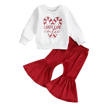 Комплект одежды из 2 предметов для маленьких девочек, Рождественская толстовка с длинными рукавами и расклешенными штанами с принтом в виде сердца, милая одежда