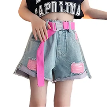 Джинсовые шорты для девочек, модные летние рваные шорты розово-желтого цвета с высокой талией и свободным поясом 4 5 6 7 8 9 11 12 13 14 брюки