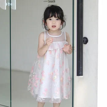 Новое летнее платье для девочек 2023 года, милая розовая майка для маленьких девочек, модное платье-комбинация длиной до колен, повседневное платье с принтом