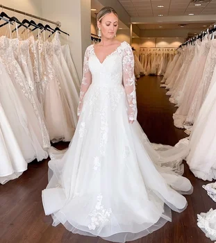 Элегантные свадебные платья больших размеров с глубоким V-образным вырезом и длинными рукавами, кружевные аппликации, свадебные платья 2021 года, новое платье невесты трапециевидной формы Vestido de Novia