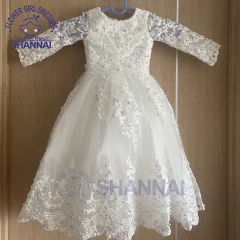 Белое кружевное платье с цветочным узором для маленьких Девочек, расшитое бисером, с длинными рукавами, Детское платье для свадьбы, Дня рождения, Первого причастия