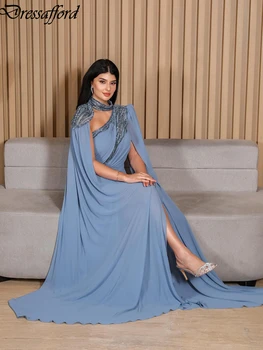 Светло-голубое вечернее платье А-силуэта из Дубая с лентами, расшитыми бисером, и высокой горловиной в складку, вечернее платье для официальных вечеринок