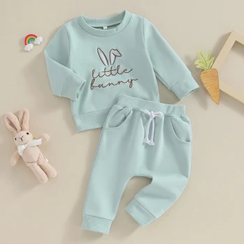 Пасхальный наряд для маленьких девочек, толстовка с длинными рукавами и штанами с эластичной резинкой на талии, комплект милой одежды 2
