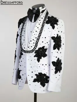 Белый жемчуг, бисер, хрусталь, мужские костюмы для вечеринок, черные аппликации, кружево, блейзер-двойка, одежда жениха (куртка + брюки)