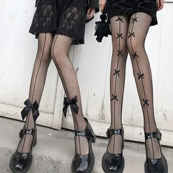 Сексуальные Сетчатые чулки в сеточку, Колготки для женщин и девочек, Обтягивающие высокие носки с кружевным бантом в японском стиле, длинные носки JK Lolita с вырезами