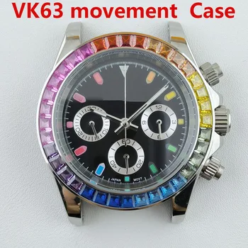 Новый корпус VK63, хронограф, бриллиантовый корпус, радужный циферблат, мужские часы, сапфировое стекло, подходит для часовых аксессуаров с механизмом VK63.