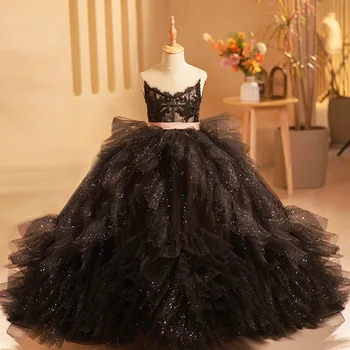 Черное бальное платье из тюля Детские платья для девочек-цветочниц Придворный поезд Детские платья для свадьбы, выпускного вечера, Дня Рождения