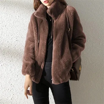 Пальто, женская мода Ins 2023, Осенне-зимняя верхняя одежда, Двусторонний бархатный Теплый свитер, женский флисовый пальто на молнии с воротником-макетом