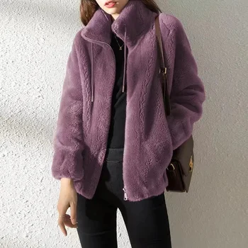Пальто, женская мода Ins 2023, Осенне-зимняя верхняя одежда, Двусторонний бархатный Теплый свитер, женский флисовый пальто на молнии с воротником-макетом 1