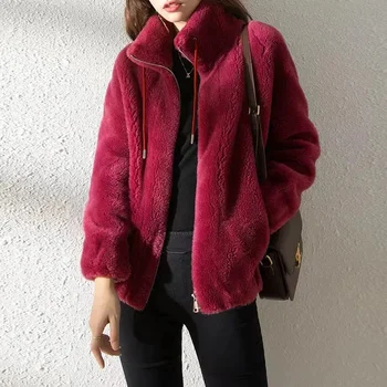 Пальто, женская мода Ins 2023, Осенне-зимняя верхняя одежда, Двусторонний бархатный Теплый свитер, женский флисовый пальто на молнии с воротником-макетом 3