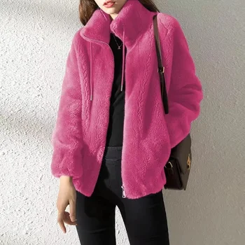 Пальто, женская мода Ins 2023, Осенне-зимняя верхняя одежда, Двусторонний бархатный Теплый свитер, женский флисовый пальто на молнии с воротником-макетом 4
