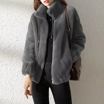 Пальто, женская мода Ins 2023, Осенне-зимняя верхняя одежда, Двусторонний бархатный Теплый свитер, женский флисовый пальто на молнии с воротником-макетом 5