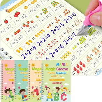 4 Книги + ручка Magic Groove Тетрадь для практики по английскому языку, Многоразовый тетрадь для письма для детей, тетрадь для упражнений, развивающие игрушки Монтессори