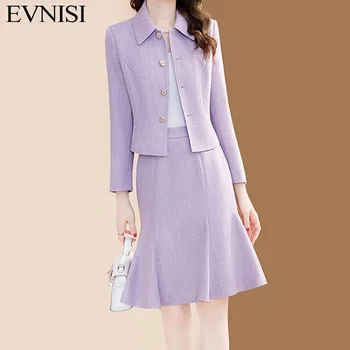 EVNISI/ Осенний элегантный женский комплект фиолетового платья, повседневные офисные платья трапециевидной формы, приталенный женский праздничный комплект из двух предметов, зима