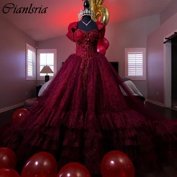 Аппликации из красного бисера, кружевное бальное платье, Пышные платья с открытыми плечами, Многоуровневый корсет, Vestidos De 15 Años
