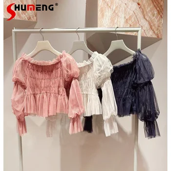 Японская женская одежда 2023, Осенне-зимняя новинка, милая блузка с открытыми плечами, элегантные тюлевые плиссированные топы с длинными расклешенными рукавами