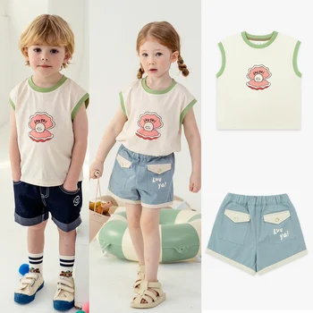 Летняя новая популярная серия Jenny & Dave 2023, детская хлопковая майка без рукавов для мальчиков и девочек, комплект шорт для детей
