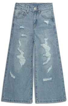 Расклешенные джинсы для девочек KIDSCOOL SPACE, рваные мягкие джинсовые брюки Little Big Girl с широкими штанинами