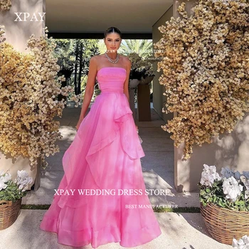 XPAY Розовые платья для выпускного вечера из органзы без бретелек, оборки, длина до пола, свадебное платье принцессы, Длинные Арабские женские вечерние платья