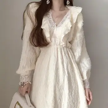 Женское однотонное элегантное плиссированное платье с V-образным вырезом 2023, осень-зима, женское трапециевидное платье свободного кроя, модная новинка T628 5