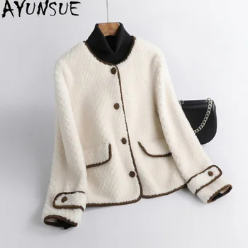 Элегантная куртка AYUNSUE из зернистой шерсти для женщин, новое осенне-зимнее короткое пальто для стрижки овец с круглым вырезом, женские пальто и куртки 0