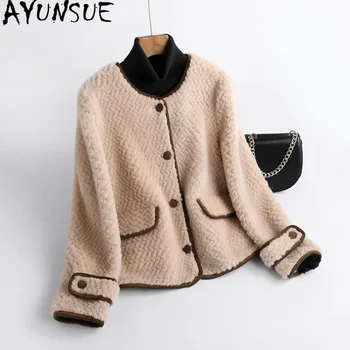 Элегантная куртка AYUNSUE из зернистой шерсти для женщин, новое осенне-зимнее короткое пальто для стрижки овец с круглым вырезом, женские пальто и куртки 2
