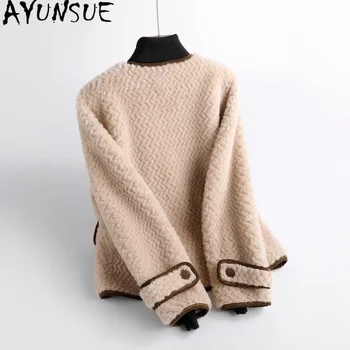 Элегантная куртка AYUNSUE из зернистой шерсти для женщин, новое осенне-зимнее короткое пальто для стрижки овец с круглым вырезом, женские пальто и куртки 3
