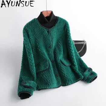 Элегантная куртка AYUNSUE из зернистой шерсти для женщин, новое осенне-зимнее короткое пальто для стрижки овец с круглым вырезом, женские пальто и куртки 4
