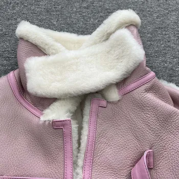 Женская куртка из натуральной кожи JANEFUR 2023, Новое Розовое Толстое женское зимнее пальто из натуральной Овчины 3