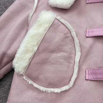 Женская куртка из натуральной кожи JANEFUR 2023, Новое Розовое Толстое женское зимнее пальто из натуральной Овчины 5