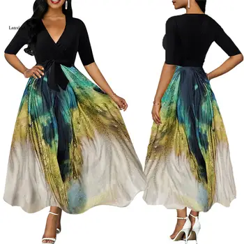 Женское длинное платье, модное тонкое темпераментное шифоновое платье с принтом павлина, повседневное эстетичное женское платье с V-образным вырезом 3