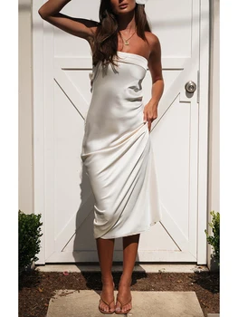 Элегантное атласное платье-труба Макси для женщин, сексуальное облегающее длинное платье без бретелек с глубоким вырезом, Вечернее коктейльное платье для вечеринок, летнее платье 1