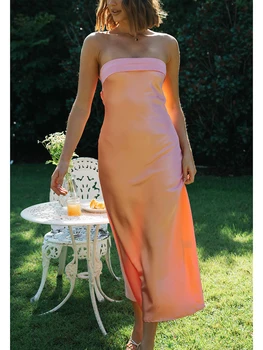 Элегантное атласное платье-труба Макси для женщин, сексуальное облегающее длинное платье без бретелек с глубоким вырезом, Вечернее коктейльное платье для вечеринок, летнее платье 4