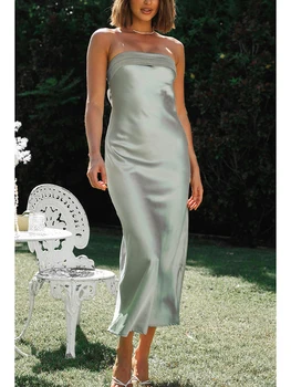 Элегантное атласное платье-труба Макси для женщин, сексуальное облегающее длинное платье без бретелек с глубоким вырезом, Вечернее коктейльное платье для вечеринок, летнее платье 5